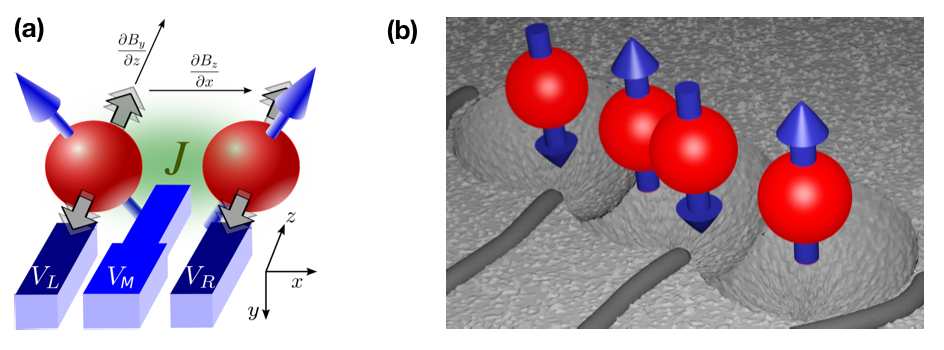 a) Schematic drawing of two quantum dots with one electron filling each quantum dot. The electron spins are controlled using a static inhomogeneous magneitc field in combination with oscillating magnetic fields. b) An artist's impression of electron spin qubits inside semiconductor quantum dots.